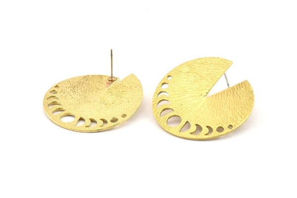 Brass Moon Earring, 2 Raw Brass Moon Phases Stud Earrings (35x1mm) N1029