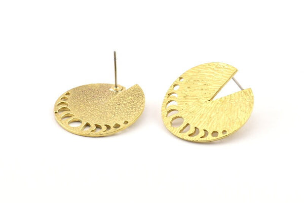 Brass Moon Earring, 2 Raw Brass Moon Phases Stud Earrings (25x1mm) N1011