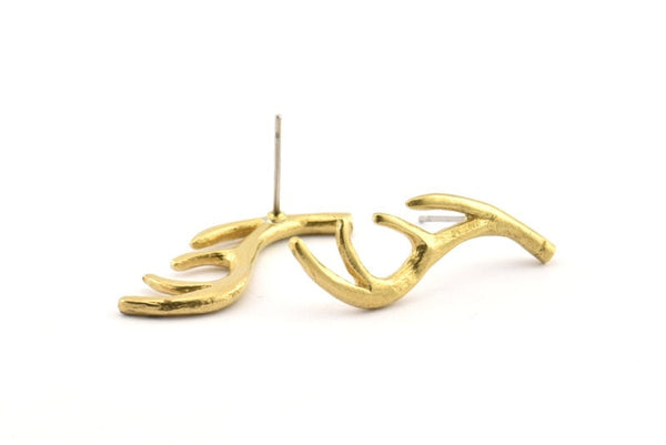 Brass Buckhorn Earring, 4 Raw Brass Buckhorn Stud Earrings (30mm) N0420 A1218
