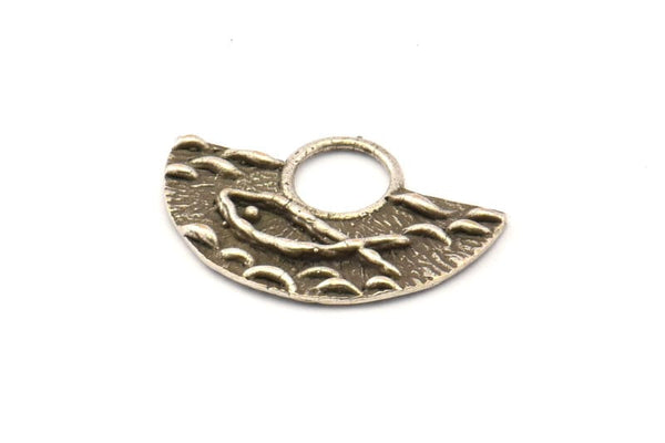 Silver Ethnic Pendant, 2 Antique Silver Plated Brass Semi Circle Fish Figure Pendants (28x19x1mm) E670
