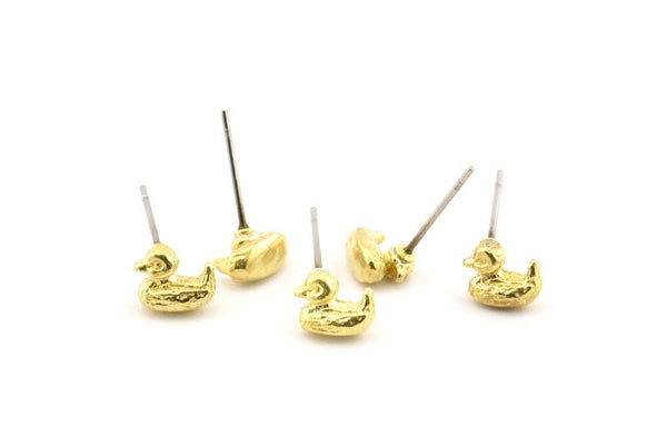 Brass Duck Earring, 6 Raw Brass Duck Stud Earrngs, Findings (8mm) N0895 A1239