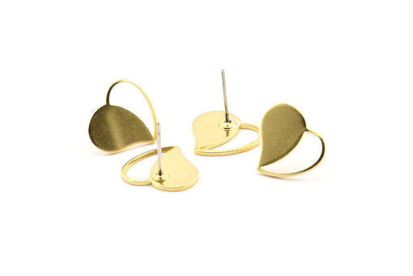 Brass Heart Earring, 8 Raw Brass Heart Stud Earrings (13x14x1mm) D1013 A1230
