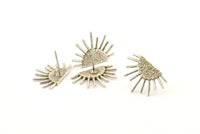 Silver Sun Earring, 6 Antique Silver Plated Brass Sunshine Stud Earrings (21x14mm) N0711 H1183