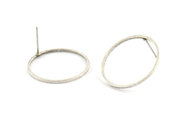 Silver Circle Earring, 4 Antique Silver Plated Brass Circle Stud Earrings (24x1x1mm) Bs 1092 A1164 H1190