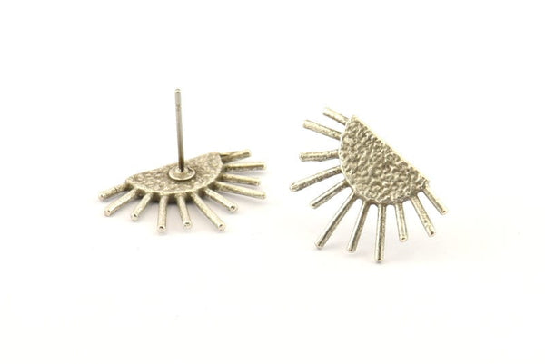 Silver Sun Earring, 6 Antique Silver Plated Brass Sunshine Stud Earrings (21x14mm) N0711 H1183