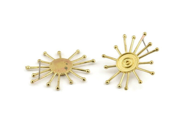 Brass Sun Earring, 2 Raw Brass Sun Stud Earrings (37x33x1.5mm) N1257