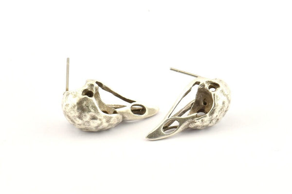 Silver Bird Earring, 2 Antique Silver Plated Brass Bird Skull Stud Earrings (26x11x6mm) N0958 H1562