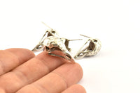 Silver Bird Earring, 2 Antique Silver Plated Brass Bird Skull Stud Earrings (26x11x6mm) N0958 H1562