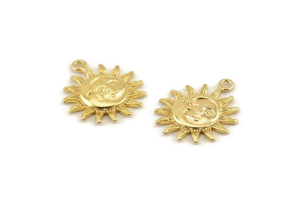 Gold Sun Charm, 2 Gold Plated Brass Sun Charms With 1 Loop, Findings (20x17x2.3mm) N1187 Q0349