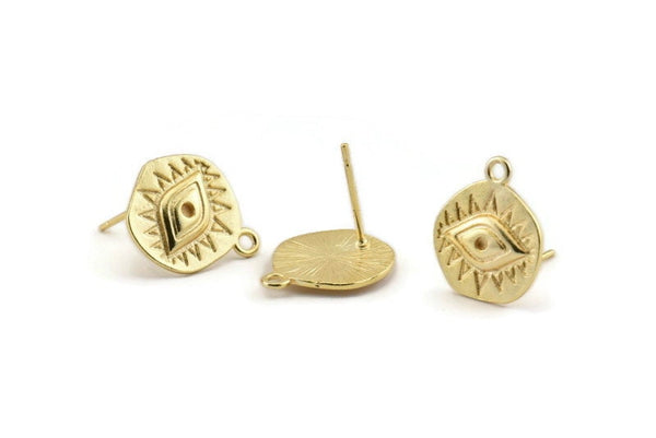 Gold Eye Earring, 4 Gold Plated Brass Eye Stud Earrings With 1 Loop (13x15mm) N1170 Q1073