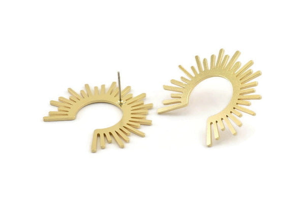 Brass Sun Earring, 10 Raw Brass Sun Stud Earrings (34x30x1mm) D1345