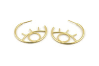 Gold Eye Earring, 2 Gold Plated Brass Eye Stud Earrings (33x34x1.5mm) D1625