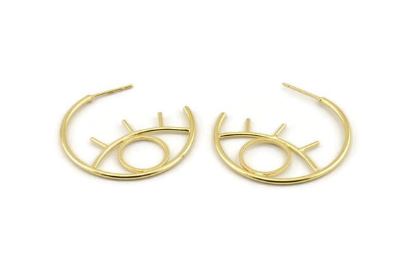 Gold Eye Earring, 2 Gold Plated Brass Eye Stud Earrings (33x34x1.5mm) D1625