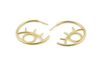 Gold Eye Earring, 2 Gold Plated Brass Eye Stud Earrings (33x34x1.5mm) D1625