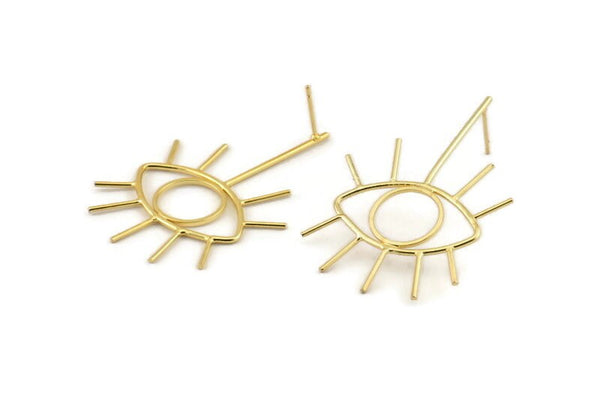Gold Eye Earring, 2 Gold Plated Brass Eye Stud Earrings (52x30x1.2mm) D1633