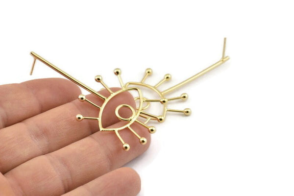 Gold Eye Earring, 2 Gold Plated Brass Eye Stud Earrings (59x27x1.5mm) D1624
