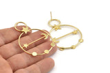 Gold Moon Earring, 2 Gold Plated Brass Moon And Star Stud Earrings (54x38x1.2mm) D1612