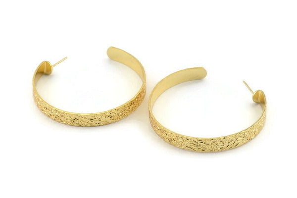 Gold Geometric Earring, 2 Textured Gold Plated Brass Circle Stud Earrings (54x7x1mm) N1240