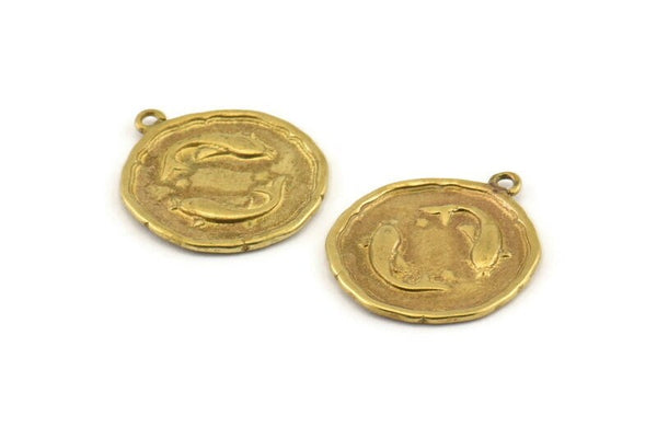 Brass Pisces Charm, 4 Raw Brass Pisces Charms With 1 Loop (17x20mm) F086
