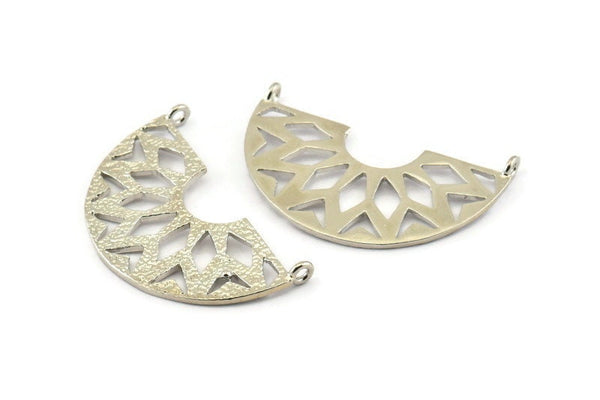Silver Ethnic Pendant, 2 Silver Tone Brass Semi Circle Pendants With 2 Loops (37x23x14x1mm) N0281 H0412