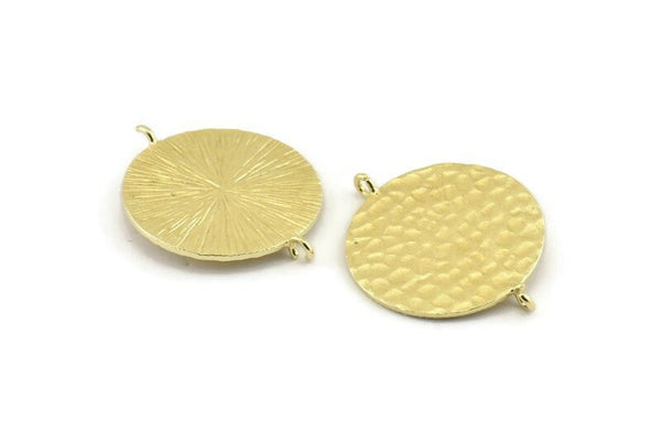 Brass Round Charm, 2 Hammered Raw Brass Round Connectors With 2 Loops, Findings (24x1mm) N1258