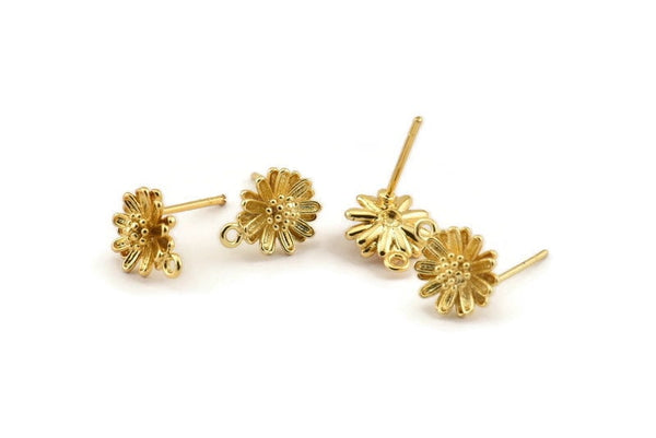 Gold Flower Earring, 8 Gold Plated Brass Flower Stud Earrings With 1 Loop (9x11mm) N1166 Q1107