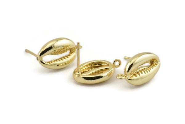 Gold Shell Earring, 2 Gold Plated Brass Cowrie Shell Stud Earrings (17x10mm) N1211