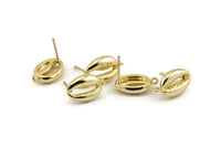 Gold Shell Earring, 2 Gold Plated Brass Cowrie Shell Stud Earrings (17x10mm) N1211