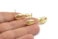 Gold Shell Earring, 2 Gold Plated Brass Cowrie Shell Stud Earrings (17x10mm) N1211