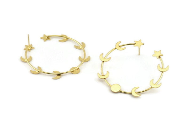 Gold Moon Earring, 2 Gold Plated Brass Moon Phases Stud Earrings (51x1.2mm) D1597