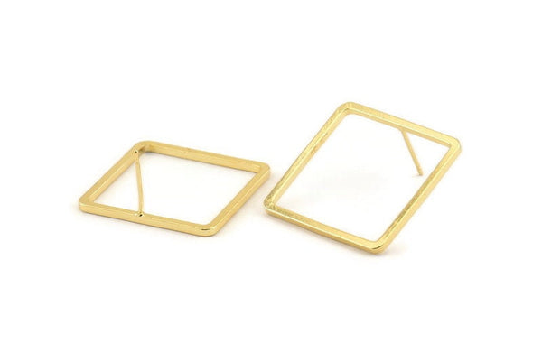 Gold Square Earring, 2 Gold Plated Brass Square Stud Earrings (25x1.5mm) D1559