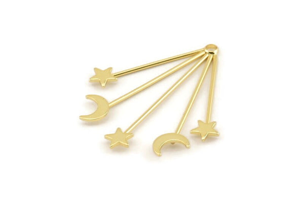 Gold Moon Charm, Gold Plated Brass Moon And Star Charms With 1 Hole (41x38x1mm) D1593