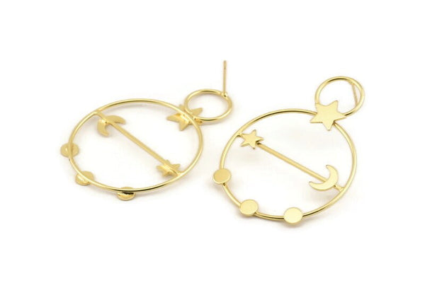 Gold Moon Earring, 2 Gold Plated Brass Moon And Star Stud Earrings (54x38x1.2mm) D1612