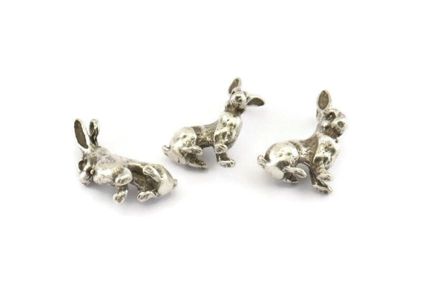 Silver Rabbit Charm, 4 Antique Silver Plated Brass Rabbit Charm Earrings With 1 Loop, Pendants, Findings (12x18mm) N0996