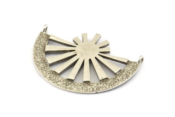 Silver Ethnic Pendant, 2 Antique Silver Plated Brass Semi Circle Pendant With 2 Loops (36x27mm) N0972