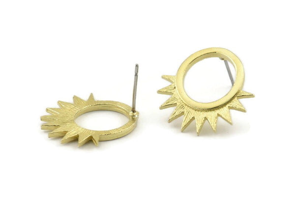 Brass Sun Earring, 4 Raw Brass Sunshine Stud Earrings (21x20x1.5mm) N1304