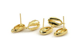 Gold Shell Earring, 4 Gold Plated Brass Cowrie Shell Stud Earrings With 1 Loop, Findings (16x9mm) N0909 H0523