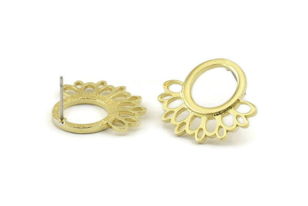Stud Earrings, 4 Raw Brass Earrings -  Round Stud Earrings - Ear Studs - Earring Findings (24x21x1.5mm) N1332