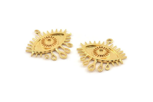 Gold Eye Charm, 2 Gold Plated Brass Eye Charms With 1 Loop, Pendants - Pad Size 3mm (24x2mm) N1266 Q0342