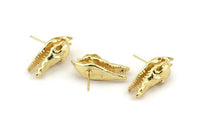 Gold Crocodile Earring, 2 Gold Plated Brass Crocodile Stud Earrings (27x10mm) N0961