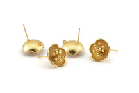 Gold Flower Earring, 2 Gold Plated Brass Flower Stud Earrings With 1 Loop (16mm) N1215