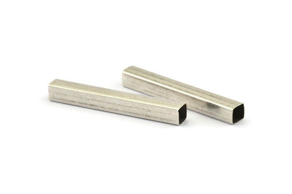 Silver Tube Beads - 10 Antique Silver Plated Brass Square Tubes (40x5x5mm) Sq04 Brc280 H1202