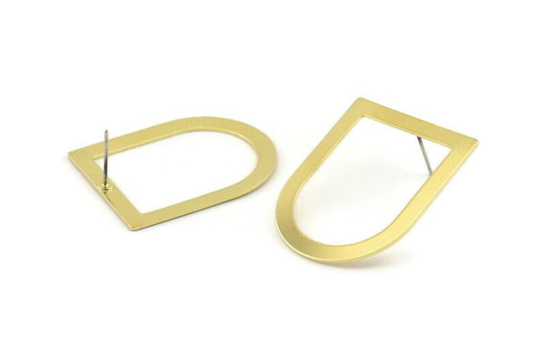 D Shape Earring, 6 Raw Brass D Shape Stud Earrings (35x28x0.80mm) M383 A1583