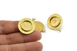 Brass Round Earring, 2 Hammered Raw Brass Round Stud Earrings With 1 Loop - Pad Size 14mm N0780