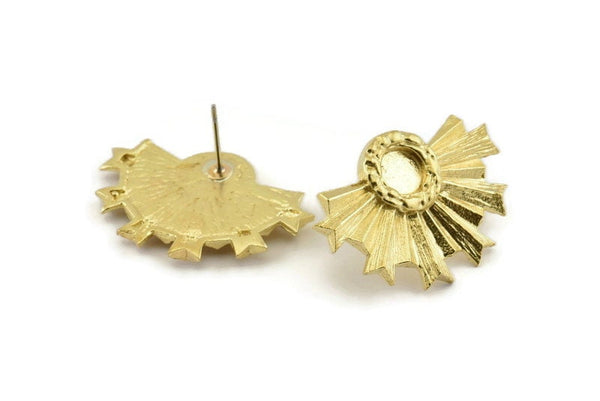 Brass Badge Earring, 2 Raw Brass Rosette Stud Earrings - Pad Size 6mm (31x21mm) N779