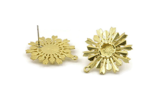 Brass Sun Earring, 4 Raw Brass Sunshine Stud Earrings with 6mm Stone pad, with 1 Loop (27x24mm) N0850