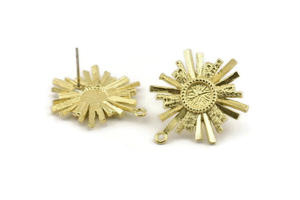Brass Sun Earring, 2 Raw Brass Sunshine Stud Earrings with 6mm Stone pad, with 1 Loop (29x22mm) N0857