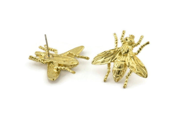 Brass Bug Earring, 2 Raw Brass Bug Fly Insect Stud Earrings (23x26mm) N0917