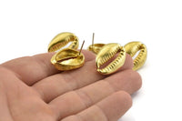 Brass Shell Earring, 2 Raw Brass Cowrie Shell Stud Earrings (22x17mm) N0936