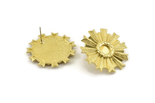 Brass Badge Earring, 2 Raw Brass Rosette Stud Earrings - Pad Size 6mm (32mm) N0767